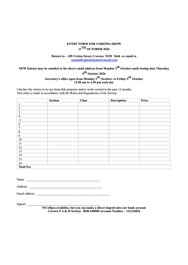 Corowa Show 2026 entry form