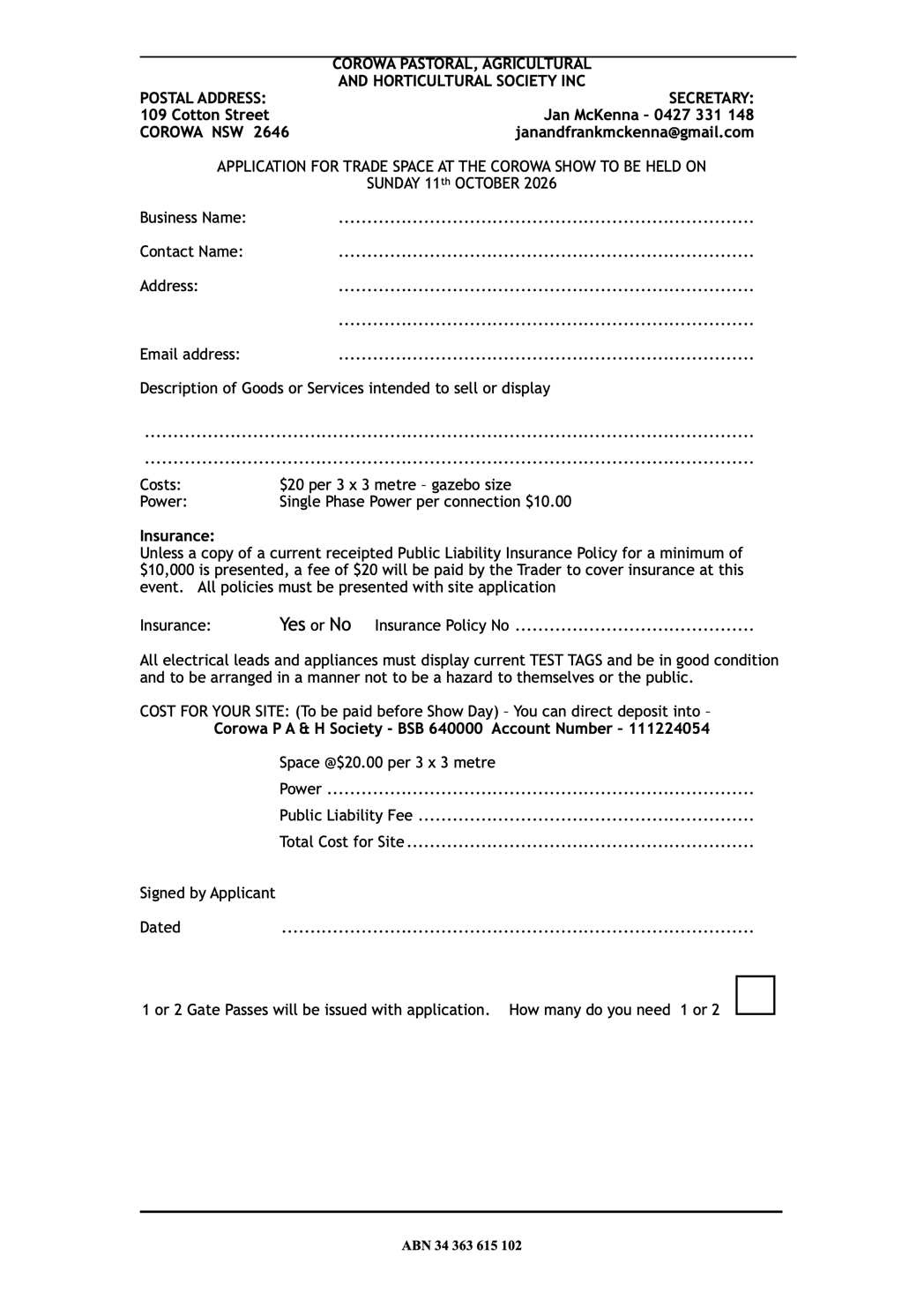 Application for trade space at the Corowa Show, Sunday 11th October 2026